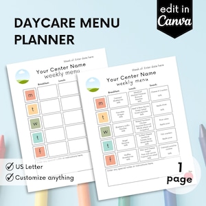Preschool Menu, Breakfast Menu, Canva Template, Instant Download, Weekly Menu For Daycare, Daycare Template, Home School Menu