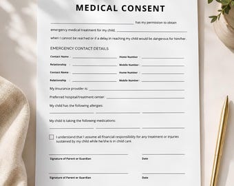 In Case Of Emergency, Medical History Form Child, Medical Consent New Patient Form, Babysitter Information, Childcare Planner