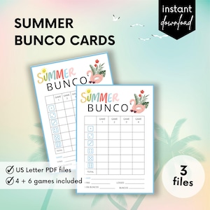 Cartões de pontuação imprimíveis do Summer Bunco, planilhas de contagem, itens essenciais para a noite de jogos, ideias divertidas para festas de verão