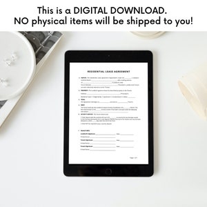May include: A digital download of a residential lease agreement form. The form is on a tablet screen and includes sections for parties, property, terms, rent, security deposit, and signatures.