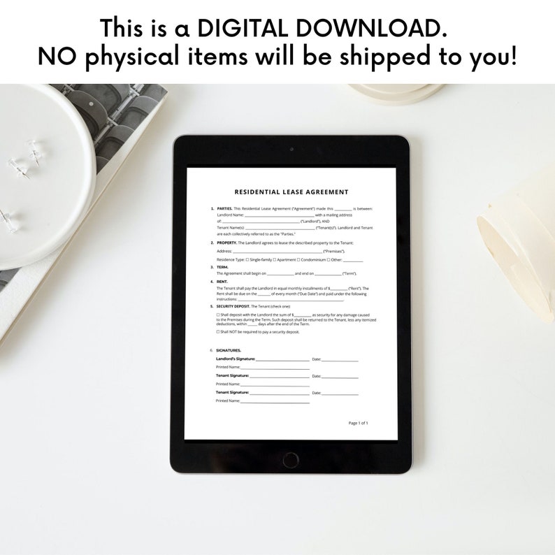 May include: A digital download of a residential lease agreement form. The form is on a tablet screen and includes sections for parties, property, terms, rent, security deposit, and signatures.