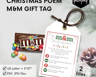 M&M-cadeaukaartje kerstgedicht, kerststallegende, afdrukbaar kerstkaartje, chocoladesnoep MM's M en M