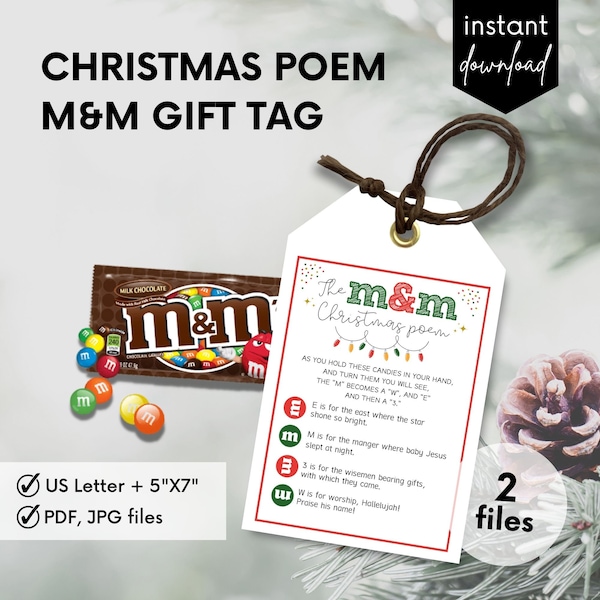 M&M Christmas Poem Gift Tag, Nativity Legend, Christmas Printable Tag, Chocolate Candy MMs M and M