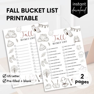 Könnte beinhalten: Druckbare Herbst-Bucket-Liste mit zwei Seiten. Die erste Seite enthält eine Liste von Herbstaktivitäten, die man unternehmen kann, wie zum Beispiel einen Kürbis-Patch besuchen, Äpfel pflücken und bunte Blätter sammeln. Die zweite Seite enthält eine Liste von Herbstaktivitäten, die man unternehmen kann, wie zum Beispiel einen Kürbis schnitzen, eine Fahrt mit dem Heuwagen machen und ein Spukhaus besuchen.