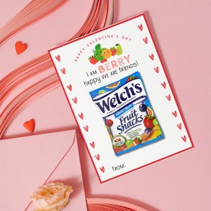 Tarjetas de San Valentín para niños con bocadillos de frutas para imprimir en el aula, para compartir en el aula, sin dulces, con bayas y felices amigos