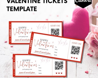 May include: Three printable Valentine's Day tickets with red borders and white interiors. The tickets say "Happy Valentine's" and "Surprise" with a QR code and the text "Admit One".
