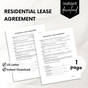 May include: A printable residential lease agreement document. The document is two pages long and includes sections for parties, property, term, rent, security deposit, and signatures. The document is labeled "US Letter" and "Instant Download".