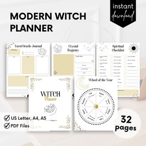 May include: A printable witch planner with 32 pages. The planner includes sections for tarot and oracle journal, crystal registry, spiritual checklist, and a wheel of the year. The planner is available in US Letter, A4, and A5 sizes.