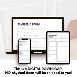 May include: A digital download checklist for new homeowners. The checklist includes tasks such as changing your address with postal services, turning on water, setting up trash service, and getting a recycle bin. There is also a room makeover planner.