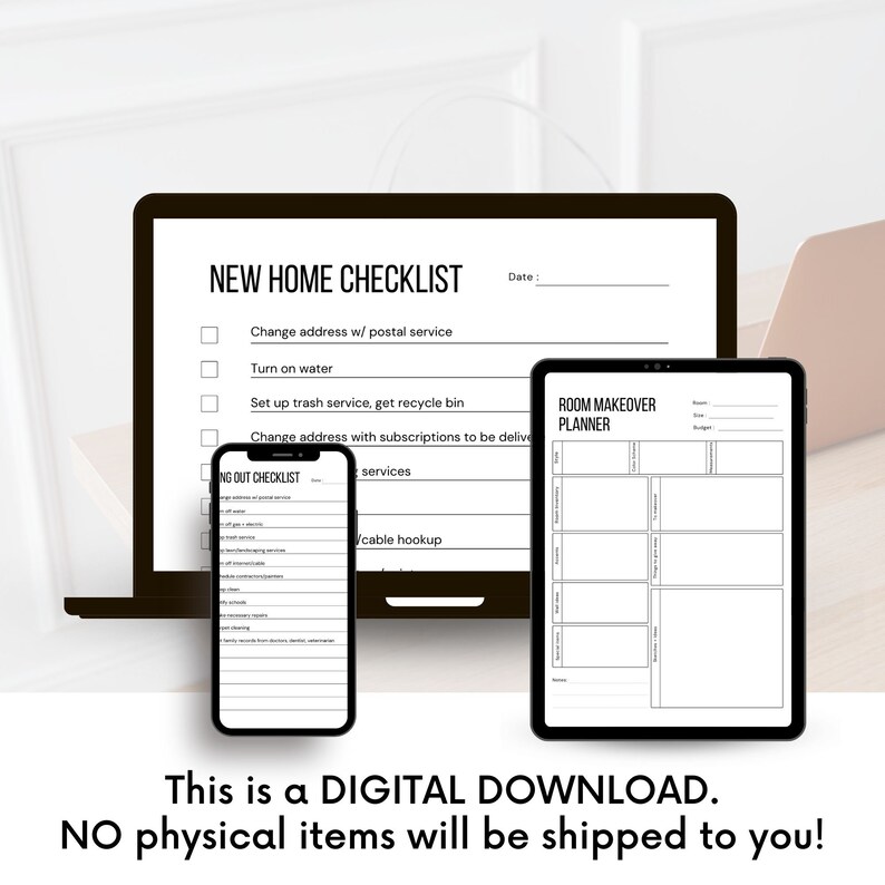 May include: A digital download checklist for new homeowners. The checklist includes tasks such as changing your address with postal services, turning on water, setting up trash service, and getting a recycle bin. There is also a room makeover planner.
