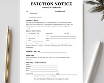 Notice To Vacate No Lease Printable Eviction Notice, Lease Termination Form For Landlords & Tenants, Instant Download