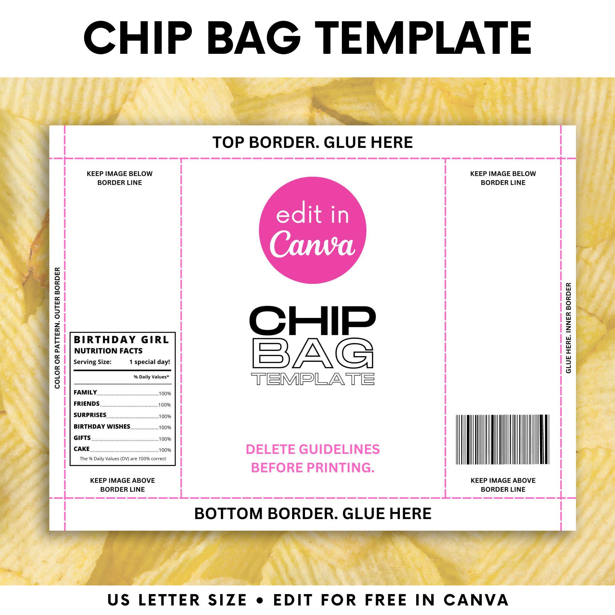 Blank Chip Bag, Printable And Editable Template On Canva, Custom Potato Chip Bag, Chip Bag Editable, Party Chip Bag, DIY Chip Wrapper