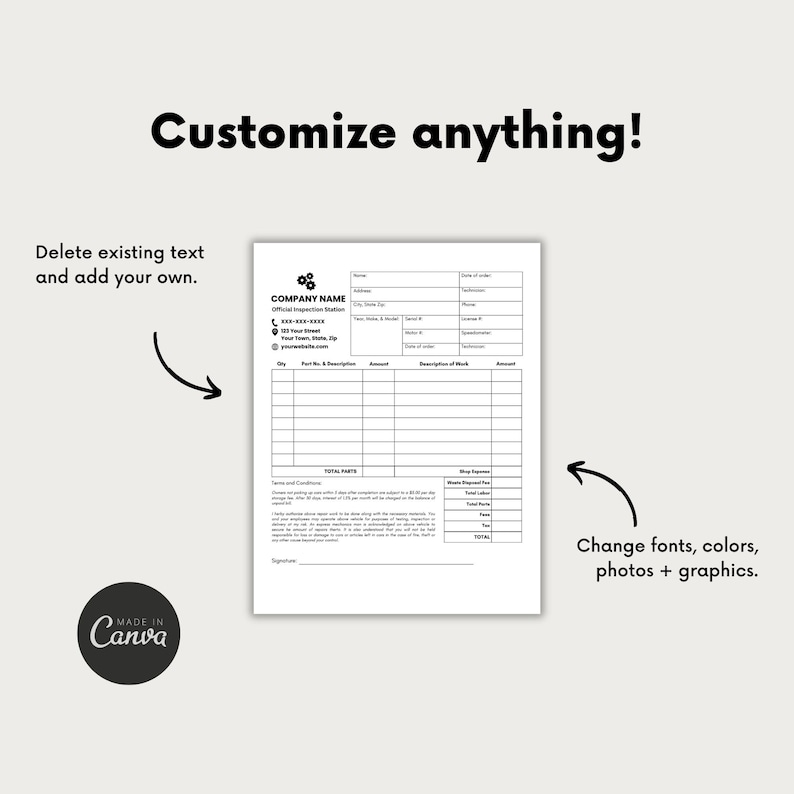 May include: A black and white customizable inspection form template with the text "COMPANY NAME" and "Official Inspection Station". The form includes fields for customer information, parts and descriptions, and work performed. The text "Customize anything!" appears at the top of the page.