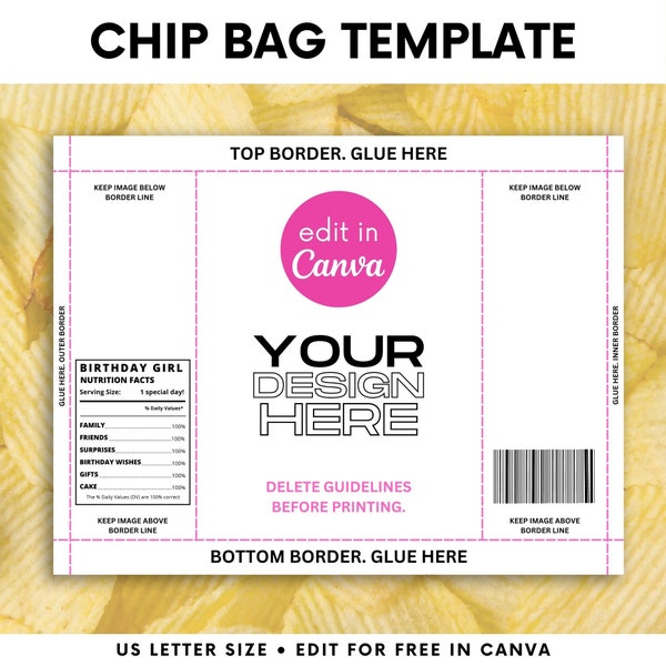 Blank Chip Bag, Printable And Editable Template On Canva, Custom Potato Chip Bag, Chip Bag Editable, Party Chip Bag, DIY Chip Wrapper
