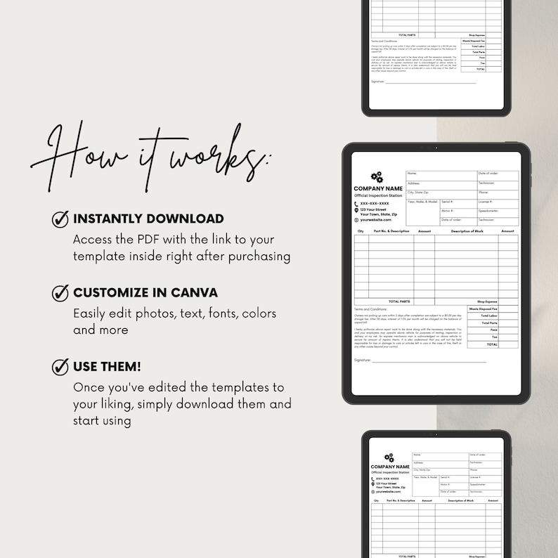 May include: A black and white digital illustration of a checklist with the text "How it works:" and three checkmarks with the text "INSTANTLY DOWNLOAD", "CUSTOMIZE IN CANVA", and "USE THEM!" The checklist describes how to use a template. The image also shows a black and white mockup of a digital document with the text "COMPANY NAME" and "Official Inspection Station".
