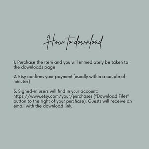 May include: Instructions on how to download a digital purchase from Etsy. The text explains that after purchasing an item, buyers will be taken to a downloads page. Etsy will confirm payment within a few minutes. Signed-in users can find their downloads in their account under "Purchases", while guests will receive an email with a download link.