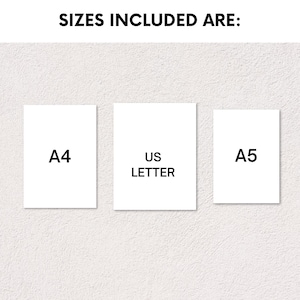 May include: Three white paper sheets with different sizes printed on them: A4, US Letter, and A5.