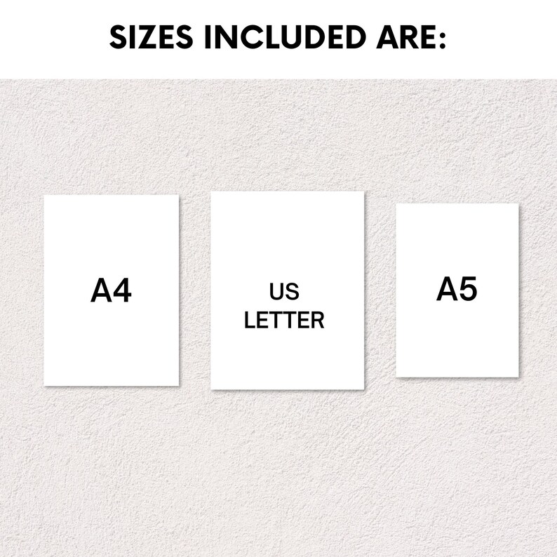 May include: Three white paper sheets with different sizes printed on them: A4, US Letter, and A5.
