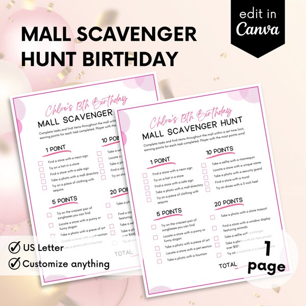 Mall Scavenger Hunt Shopping Theme, Mall Scavenger Hunt Editable Game, Mall Birthday Party, Indoor Teen Scavenger Hunt, Low Cost Birthday