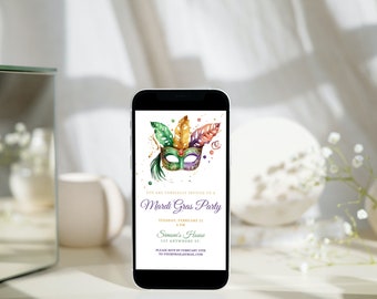 Op de afbeelding: Een smartphone-scherm met een uitnodiging voor een Mardi Gras-feest met een kleurrijk masker en gouden glitter. De tekst luidt: "U bent van harte uitgenodigd voor een Mardi Gras-feest, dinsdag 21 februari, 18:00 uur, Simone's House, 123 Anywhere St., RSVP vóór 12 februari via sorememail.com."
