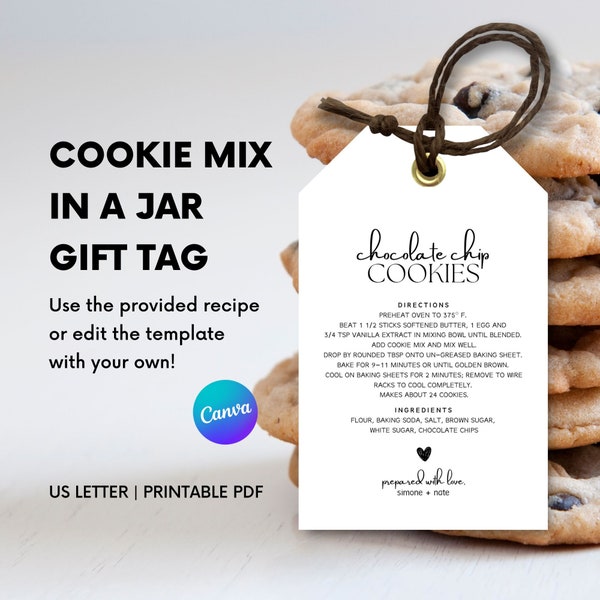 Custom Cookie Jar, Cookie Mix in a Jar Gift Tag Template, Cookie Recipe Tag, Instructions Directions Ingredients, Cookie Printable Tag