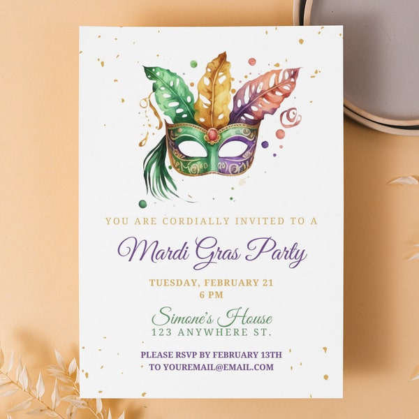 Invitations de mardi gras, clipart de mardi gras, soirée de mardi gras, fête d'anniversaire de mardi gras, invitations de mascarade, modèle modifiable