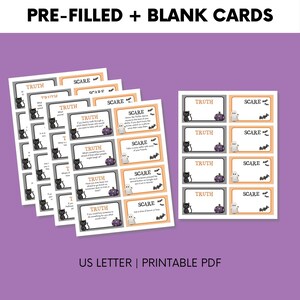 Puede incluir: Un juego de cartas de juego de Halloween imprimibles con un gato negro y un fantasma. Las cartas est&aacute;n etiquetadas como "Verdad" y "Atrevimiento" y tienen un icono de calabaza y un murci&eacute;lago. Las cartas est&aacute;n dise&ntilde;adas para un juego de fiesta de Halloween.