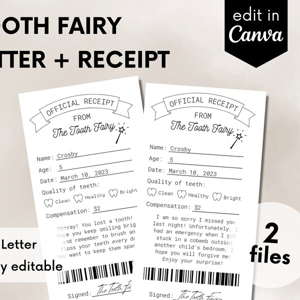 Tooth Fairy Letter, Tooth Fairy Printable, Tooth Fairy Receipt, Instant Download, Tooth Fairy Note, First Tooth Lost