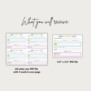 May include: A digital emergency card template featuring fields for child's full name, DOB, weight, blood type, address, allergies, doctor, and contacts. Includes a US Letter size PDF with 4 cards and a single 5.5" x 4.2" JPG file with colorful text.