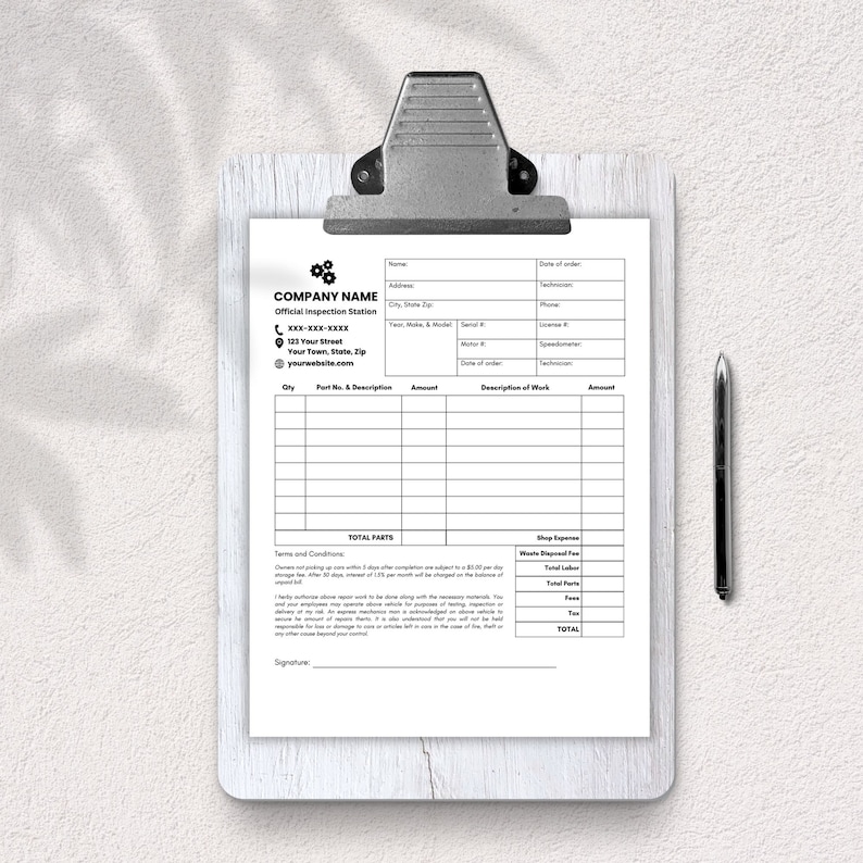 May include: A black and white printable form for an official inspection station. The form includes fields for customer information, parts and labor, and total costs. The form is titled "COMPANY NAME Official Inspection Station".