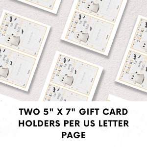 May include: Two printable 5 inch by 7 inch gift card holders featuring a ghost with the text "Thanks for being faboolous!" in black and gold text on a white background.
