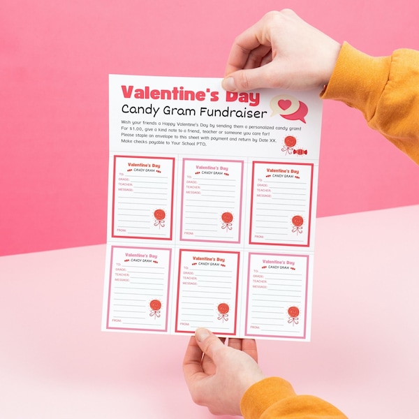 Volantino modificabile Candy Gram, raccolta fondi scolastici, giochi per feste di San Valentino, giochi per bambini di San Valentino, clipart di cuori di caramelle, Canva, etichetta di caramelle