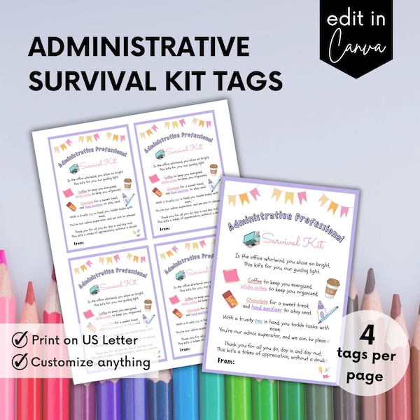 Administrative Professional Survival Kit Gift Tags, Administrative Professionals Day, Staff Appreciation, Survival Kit Tag, Appreciation Day