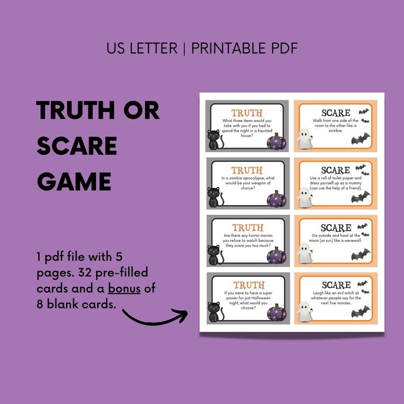 Puede incluir: Un juego de Halloween imprimible con 32 cartas, con un dise&ntilde;o de gato negro y calabaza. El juego incluye 5 p&aacute;ginas con preguntas de verdad o atrevimiento y 8 cartas en blanco.