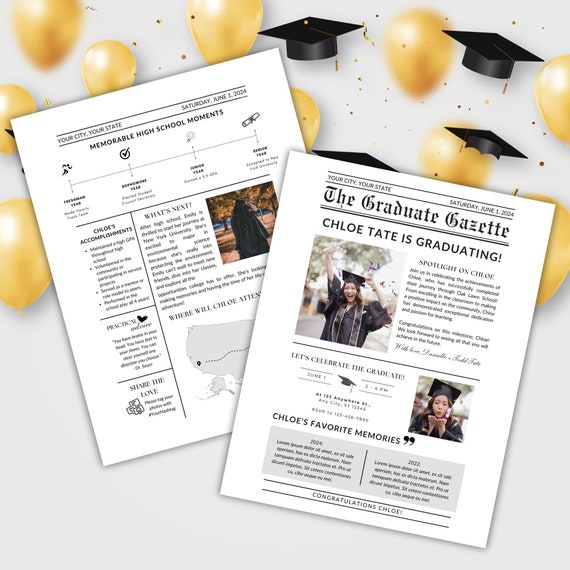 Editable Graduation Newspaper Template, Newspaper Graduation, Grad Party Invitations, Grad Party Invites, Canva Custom Newspaper