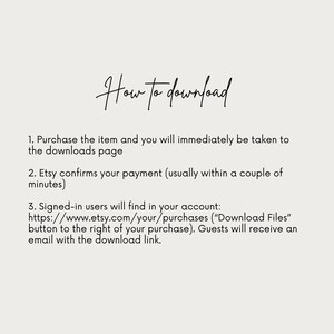 Pode incluir: Instru&ccedil;&otilde;es de texto sobre como fazer o download de uma compra digital do Etsy. O texto explica que, ap&oacute;s comprar um item, os compradores ser&atilde;o redirecionados para uma p&aacute;gina de downloads. O Etsy confirmar&aacute; o pagamento em alguns minutos. Os usu&aacute;rios registrados podem encontrar seus downloads em sua conta em "Compras", enquanto os convidados receber&atilde;o um e-mail com um link para download.