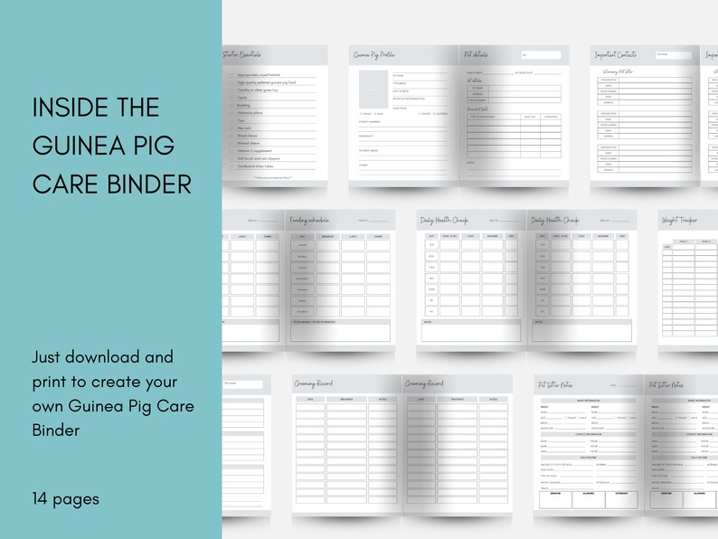 Guinea Pig Planner Printable Guinea Pig Care Binder Guinea - Etsy