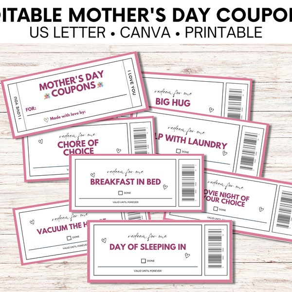 Wife, Coupon Book For Mom, Voucher Template, Mother's Day Gift, Mothers Day Coupons Printable, Fun Gift Ideas, Gift For Mum