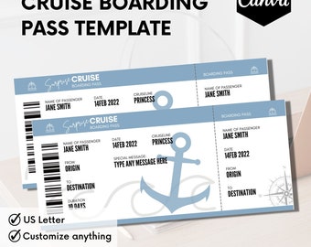 May include: A printable cruise boarding pass template with a blue and white color scheme. The template features an anchor, waves, and a compass. The text on the template says "Surprise Cruise Boarding Pass", "Name of Passenger: Jane Smith", "Date: 14Feb 2022", "Cruiseship: Princess", "Special Message: Type any message here", "From: Origin", "To: Destination", "Duration: 10 Days".