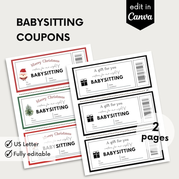 Babysitting Coupon, Babysitting Voucher, Babysitting Gift Coupon, Editable Gift Ticket, Christmas Coupon Book Gift Voucher, Last Minute Gift