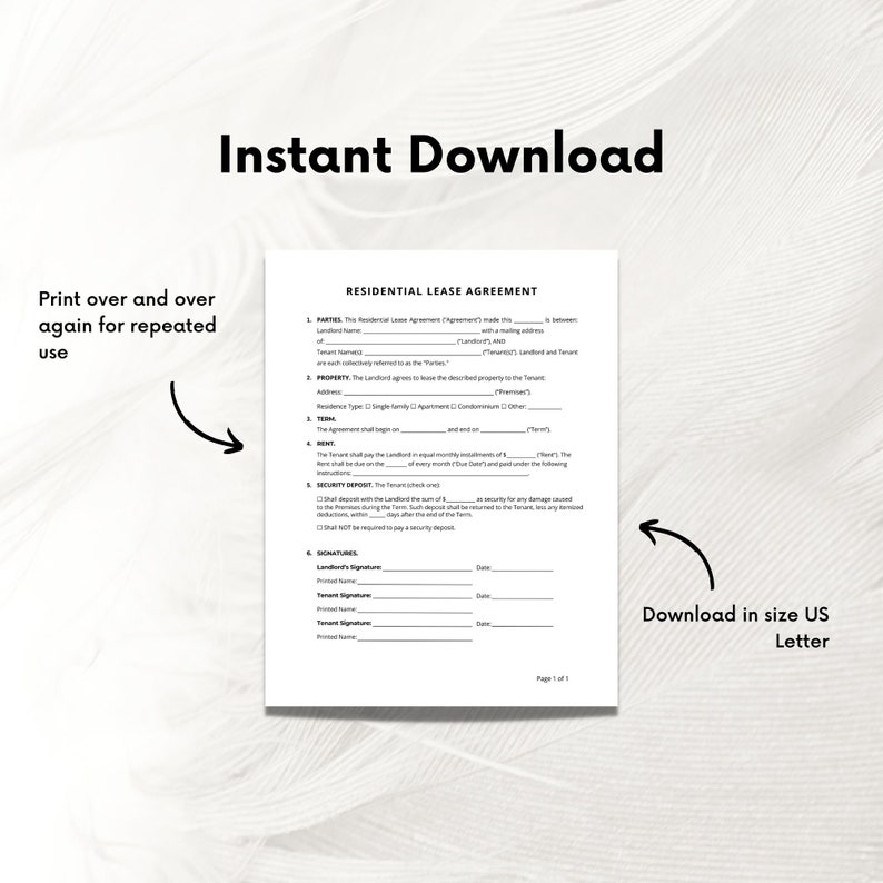 May include: A printable residential lease agreement form in black and white. The form includes sections for parties, property, rent, security deposit, and signatures. The text "Instant Download" appears at the top of the page and "Download in size US Letter" appears at the bottom of the page.