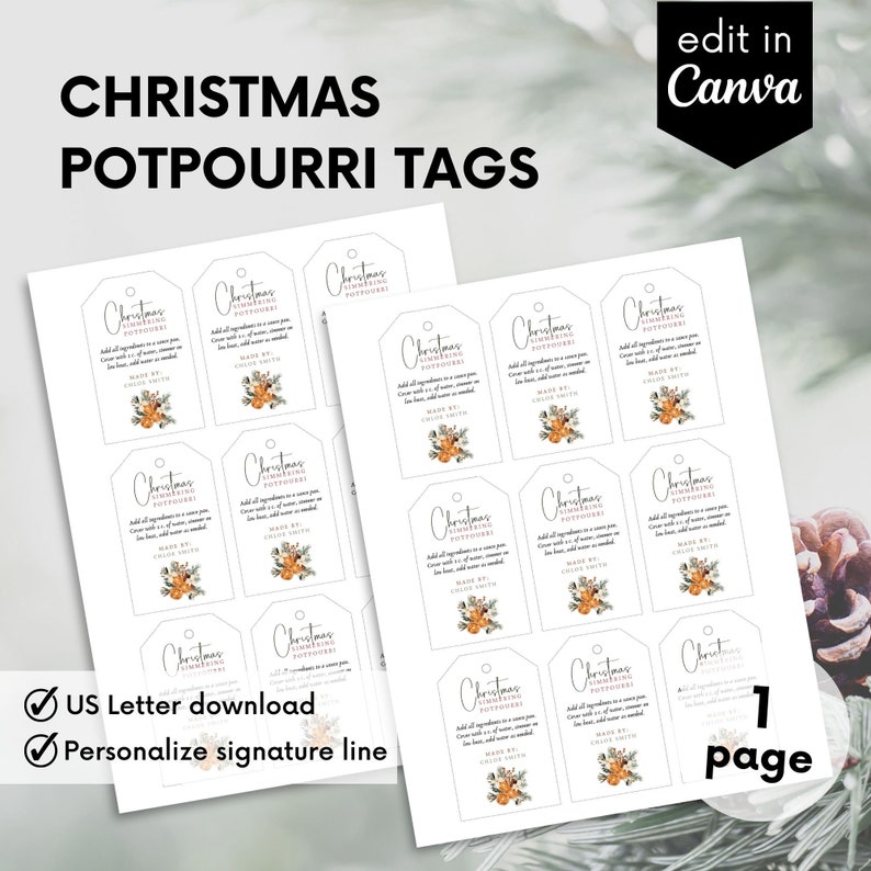 May include: Printable Christmas potpourri tags with a watercolor floral design. The tags are designed to be printed on US Letter size paper and include the text "Christmas Simmering Potpourri".