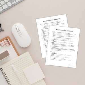 May include: Two pages of a Residential Lease Agreement form. The form includes sections for Landlord and Tenant information, property details, rent, security deposit, and signatures.