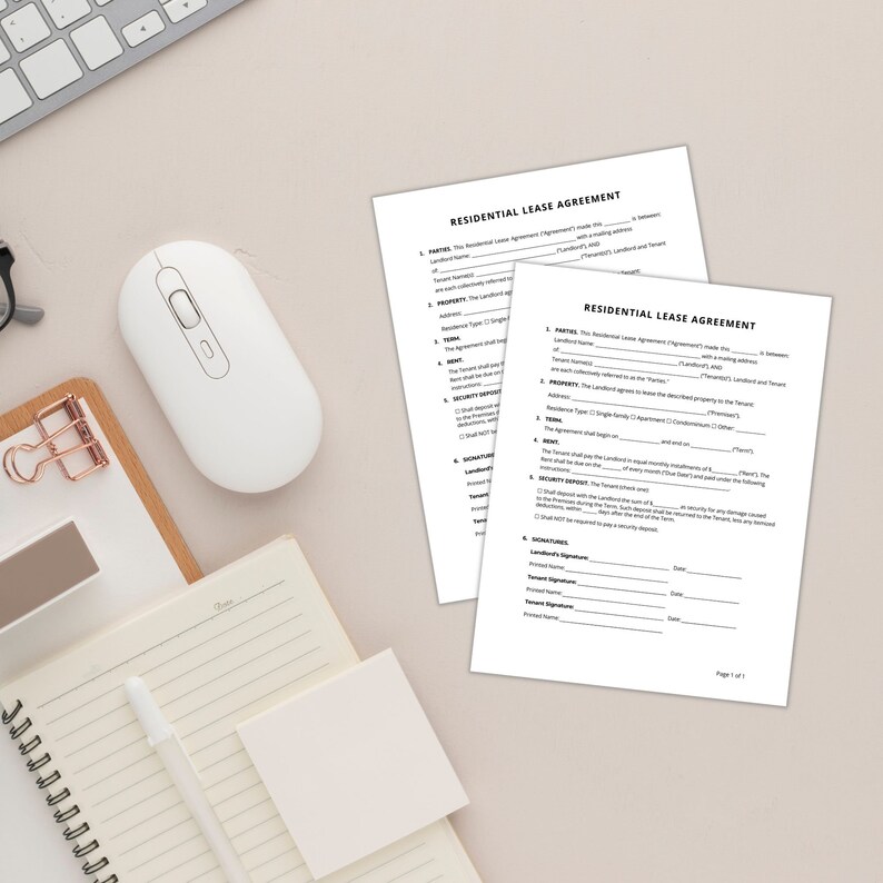 May include: Two pages of a Residential Lease Agreement form. The form includes sections for Landlord and Tenant information, property details, rent, security deposit, and signatures.