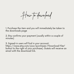May include: A light beige informational graphic with black text titled How to download. It outlines three steps for accessing digital files: purchasing the item, payment confirmation, and locating files via the Etsy account purchases page or email.