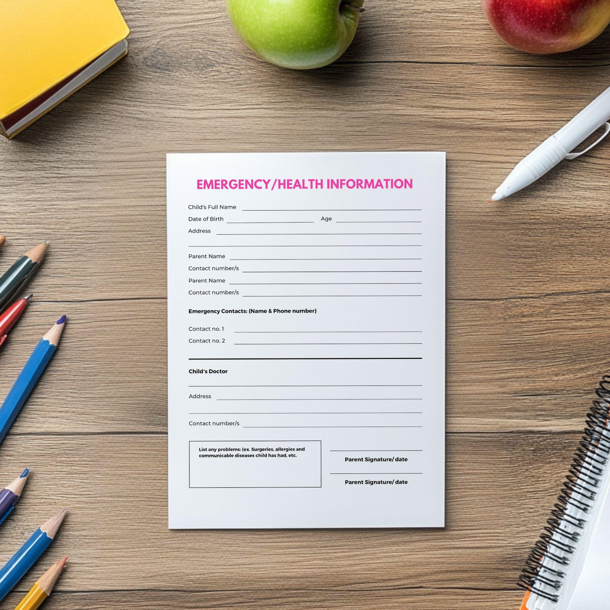 Emergency Contact Form, Preschool Forms, Emergency Information Sheet, Printable Child Information Sheet, Childcare Forms, Home Daycare