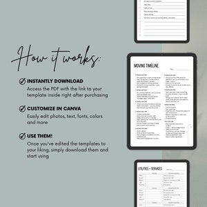 May include: A checklist for moving with a timeline of tasks to complete weeks, days, and hours before moving day. The checklist includes tasks such as packing, notifying utilities, and updating addresses. The checklist is designed to help people organize and manage their move.