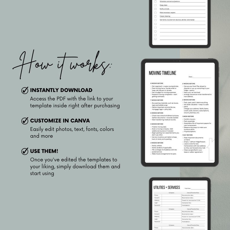 May include: A checklist for moving with a timeline of tasks to complete weeks, days, and hours before moving day. The checklist includes tasks such as packing, notifying utilities, and updating addresses. The checklist is designed to help people organize and manage their move.