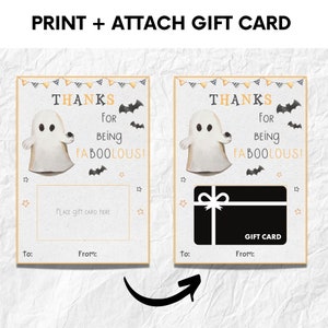 May include: Printable Halloween gift card holder featuring a cute ghost illustration with the text "Thanks for being faboolous!" and a space to place a gift card. The holder is designed with a black and white color scheme and includes stars and bats.