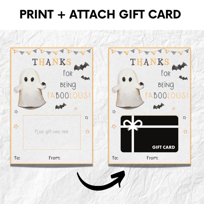 May include: Printable Halloween gift card holder featuring a cute ghost illustration with the text "Thanks for being faboolous!" and a space to place a gift card. The holder is designed with a black and white color scheme and includes stars and bats.